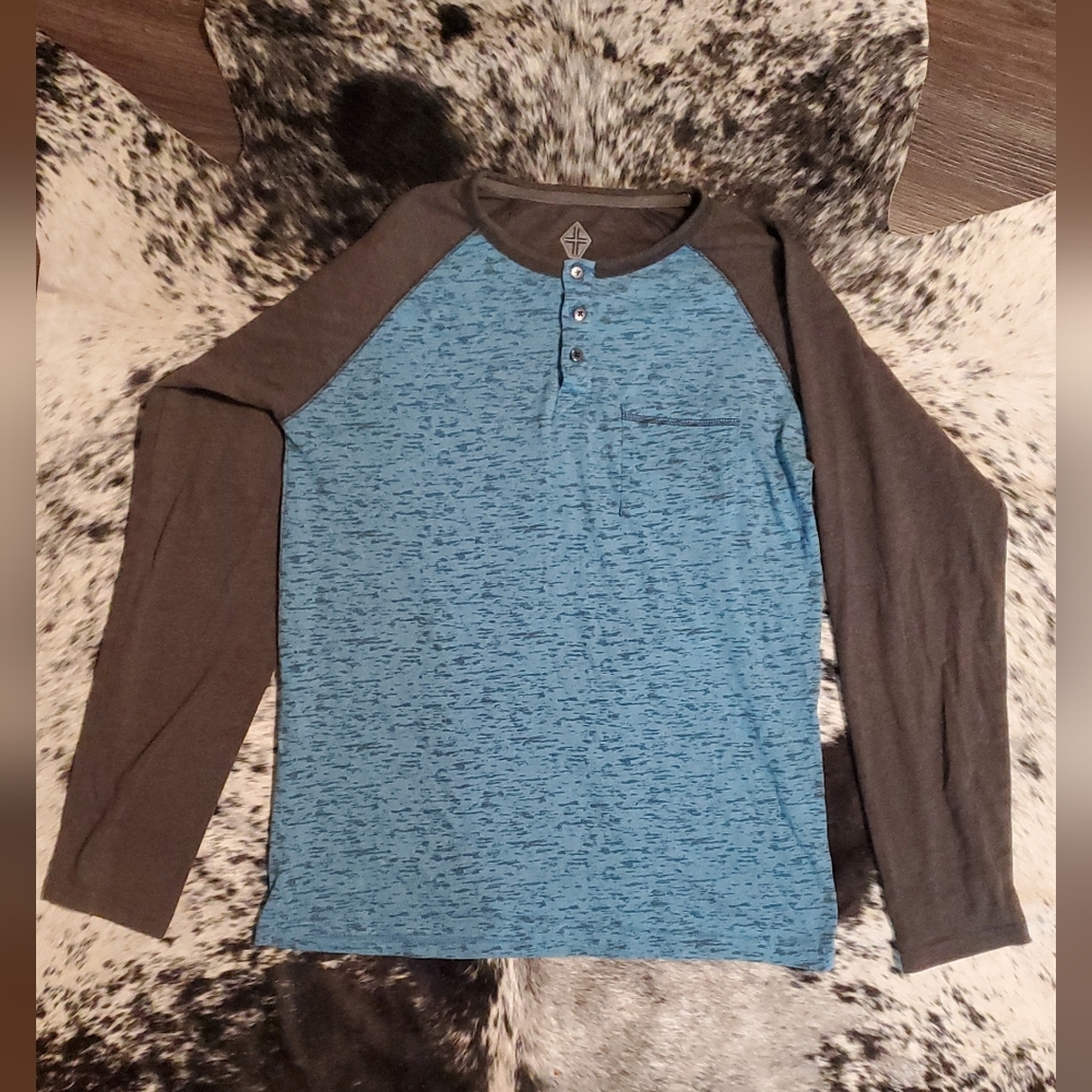 Men's Heather Blue and Charcoal Long Sleeve Henley